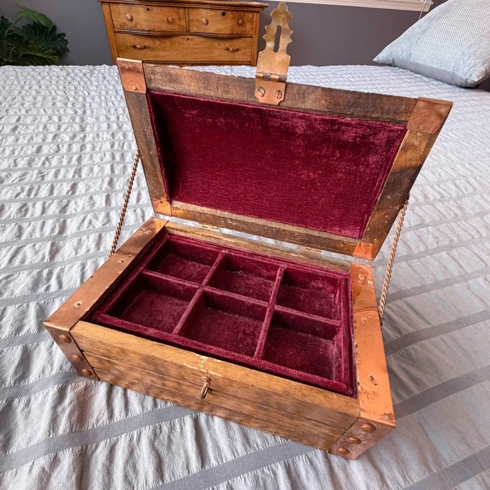 Vintage Wooden Treasure Chest Jewelry Box Burgundy Velvet Lining Copper Trim
